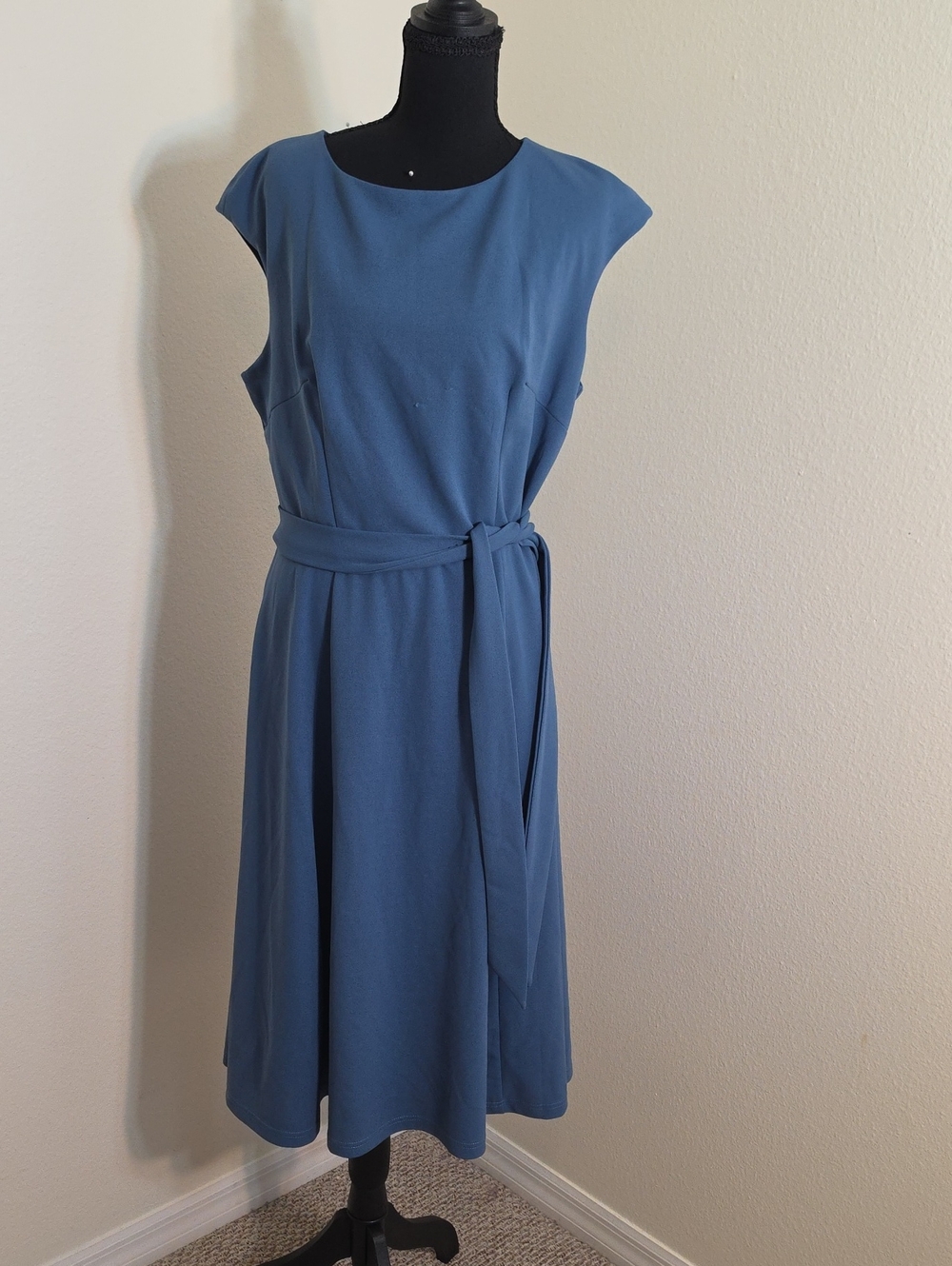 Sleeveless Midi Dress with Self-Tie Belt in Dusty Blue